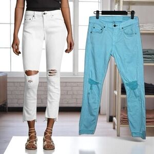 Rag & Bone Dre Capri Distressed Jeans Custom Hand Dye Aqua Blue SZ 4 NWT